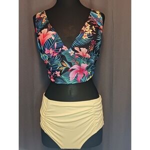 Tropical Floral Top 40DD Swimsuit High Waist Ruched Bikini Set Adjustable Straps